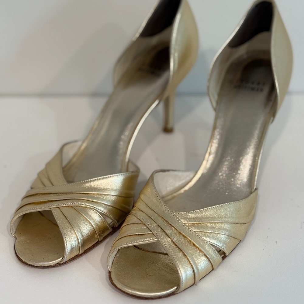 vintage Stuart Weitzman Peep Toe Holiday Heels Gold Leather Sz 9.5 N